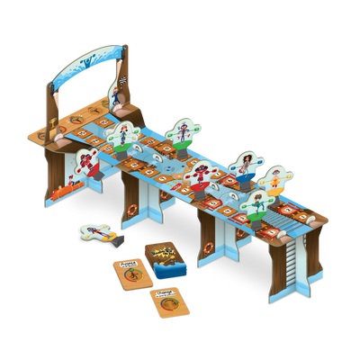 Pousse-toi de là! – Composantes : plateau de jeu assemblé (passerelle en 3D), pions-personnages des différentes couleurs, cartes-actions