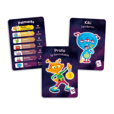 L’attente filante 1 - Exemples de cartes-extraterrestres (personnages : Kiki l’endormi et Proto le formidable) et palmarès 
